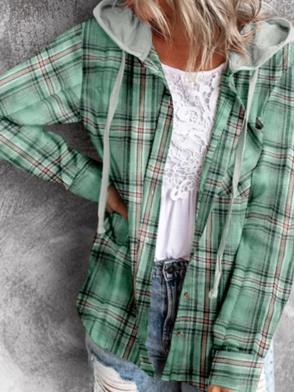 Women's Light Green Plaid Hooded Pullover Shirt Casual Long Sleeve Top